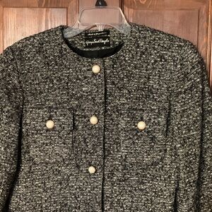 PIERRE BALMAIN PB COLLARLESS BLACK & WHITE WOOL TWEED BLAZER VINTAGE